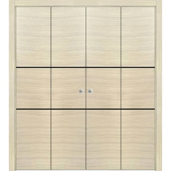 Sliding Closet Double Bi-fold Doors | Planum 0014 Natural Veneer with Frosted Glass | Sturdy Tracks Moldings Trims Hardware Set | Wood Solid Bedroom Wardrobe Doors