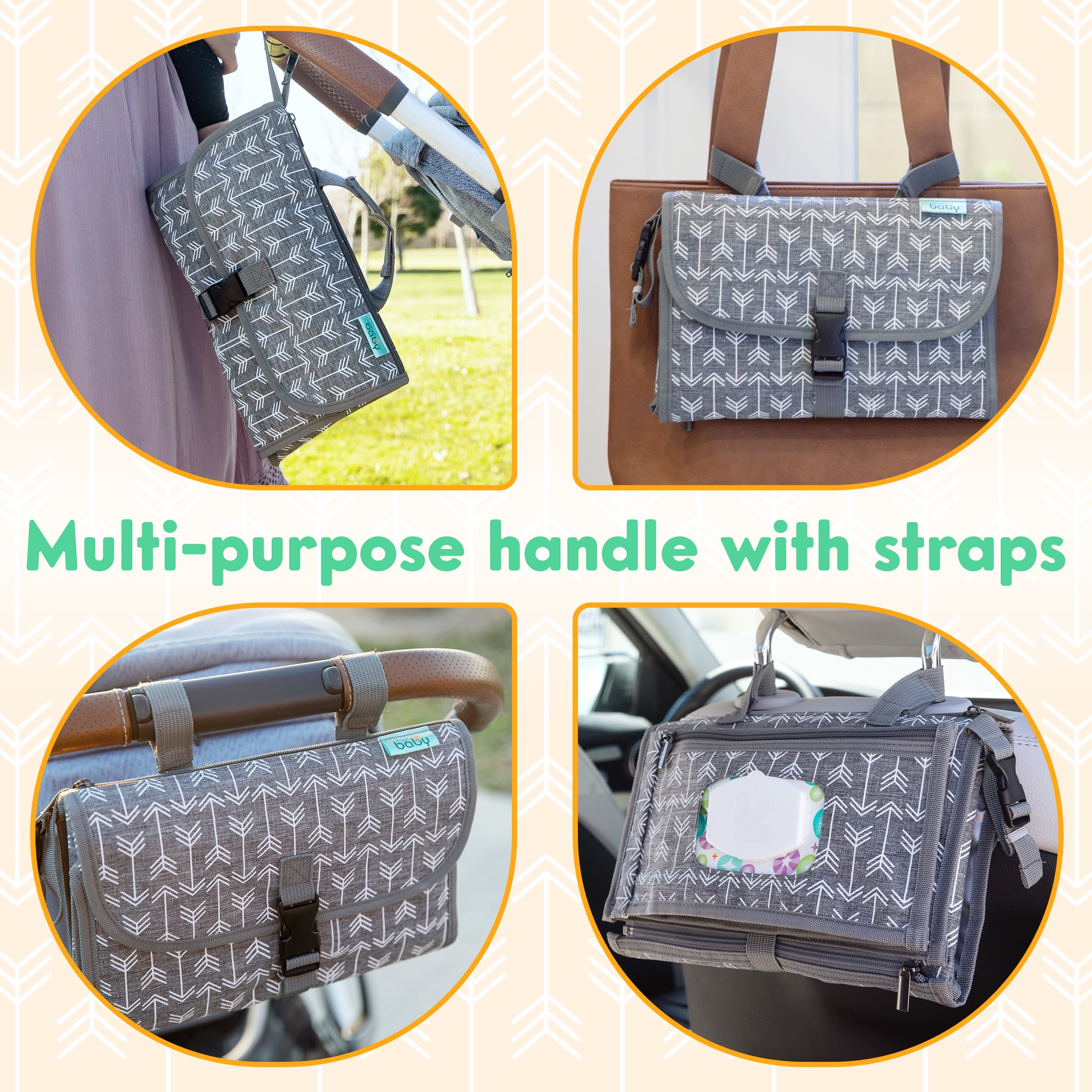 Kopi Baby Portable Diaper Changing Pad Travel Bag with Built-In Pillow, Reversible Wipes Pocket, Foldable Changing Mat, Gray Arrow, Premium