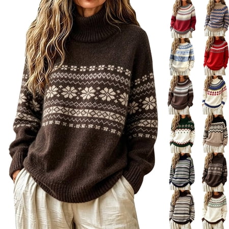 Women s Fair Isle Knit Pullover Sweater Casual Oversized Turtleneck Vintage Cute Long Sleeve Fall Winter Sweaters Coffee L