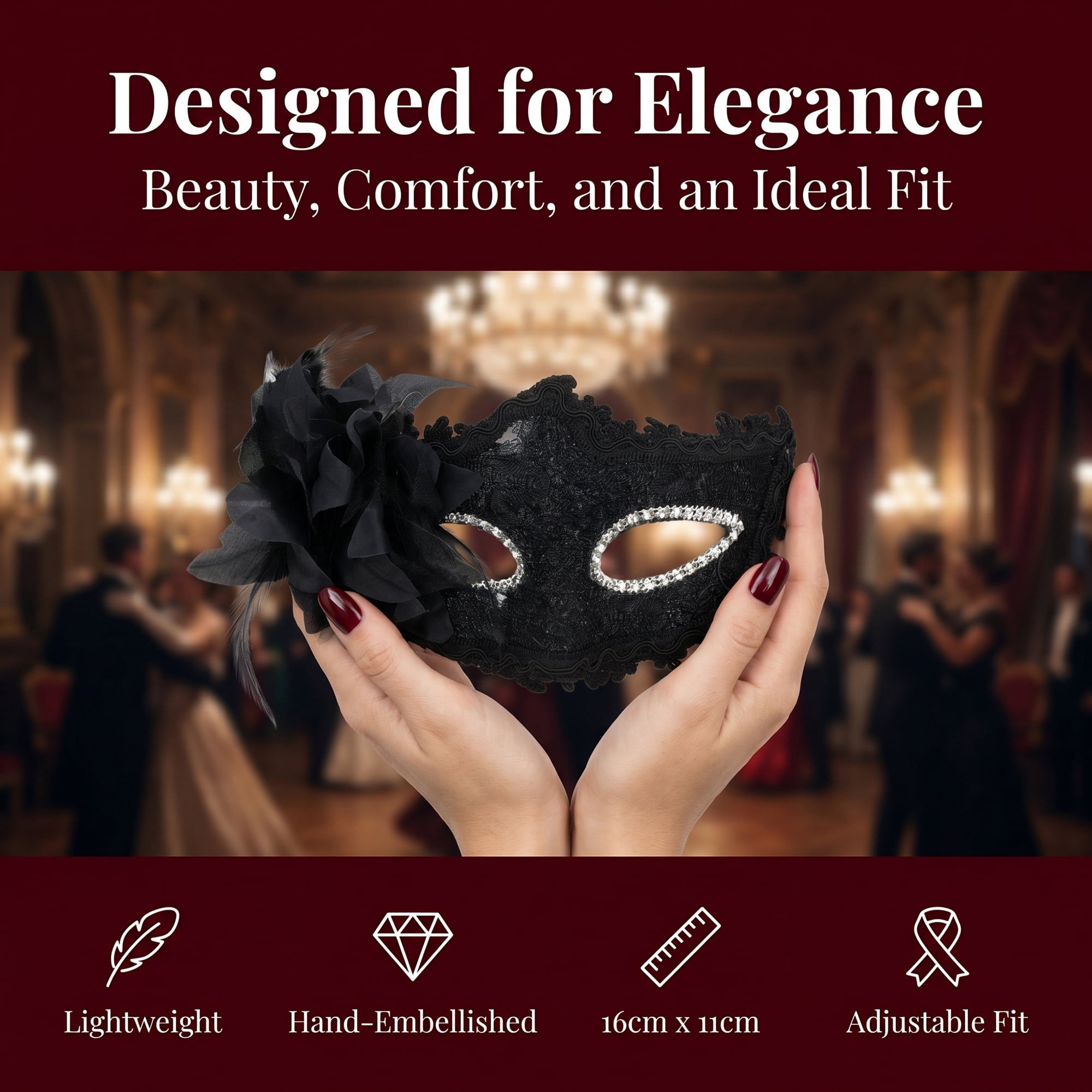 Unique Bargains Venetian Masquerade Mask, Side Flower Rose Eye Mask Black 6.3" x 4.3"