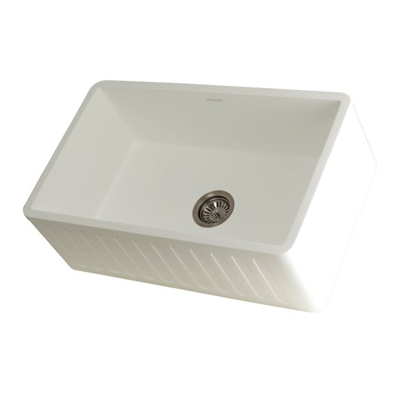 Gourmetier GKFA301810RM Arcticstone 30" Solid Surface White Stone Apron-Front Single Bowl Farmhouse Kitchen Sink with Strainer, Matte White
