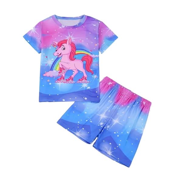 WIBACKER 3-12Y Girls 2-Piece Pajamas 3D Unicorn Printed Short Sleeve Cool Summer PJ Set Kids Sleepwear