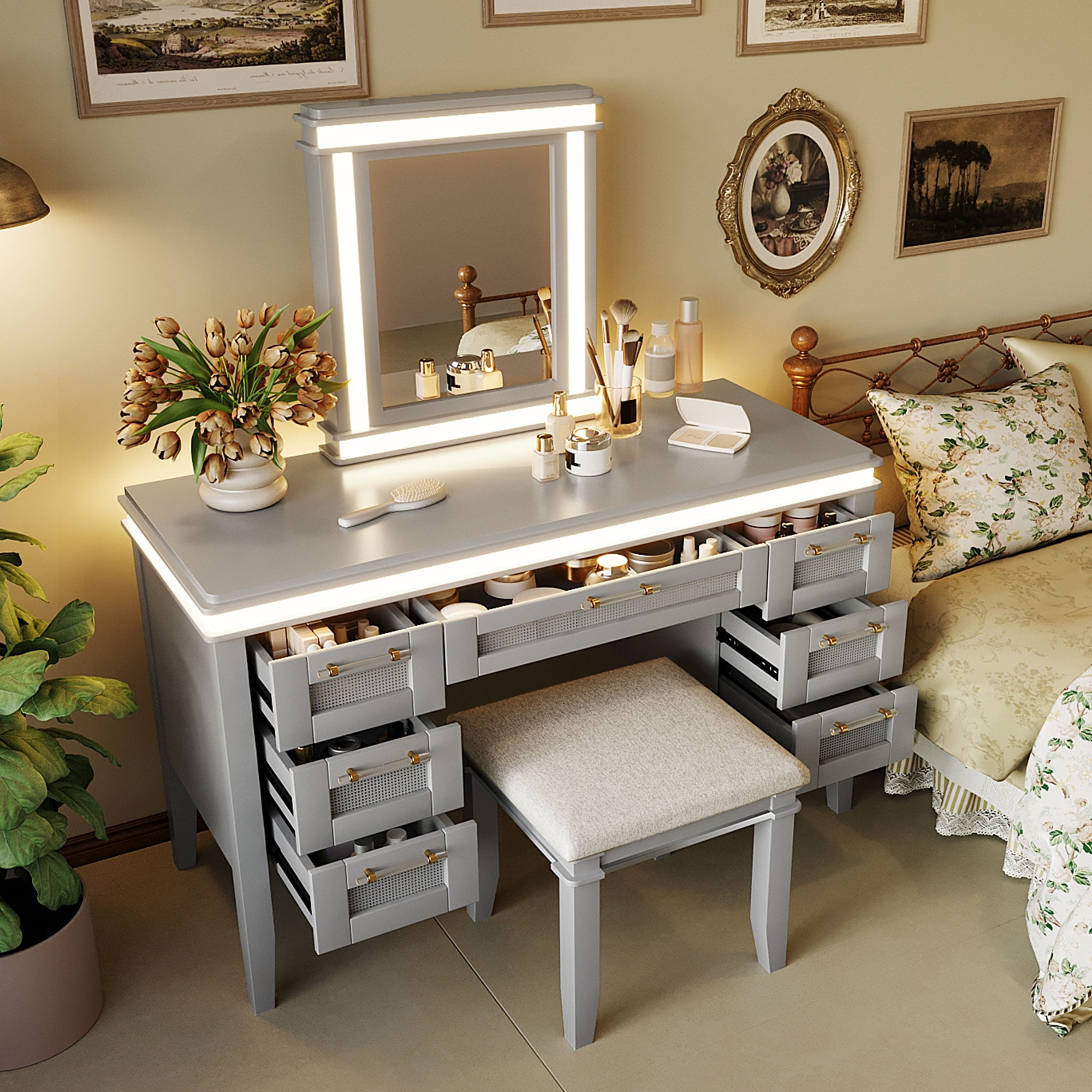 Euroco 48 inch Vanity Desk with Mirror and Lights, Makeup Vanity with 7 Drawers and Cushioned Stool, Classic Grey Finish Dressing Table with Hollow