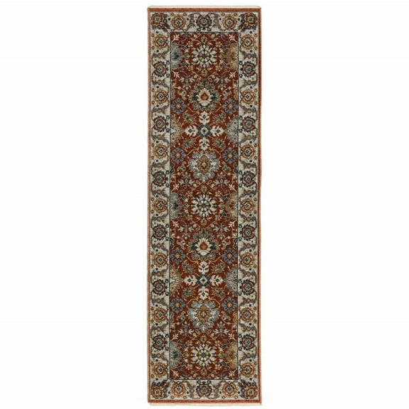 HomeRoots Red Blue Ivory Gold And Navy Oriental Power Loom Stain Resistant Runner Rug