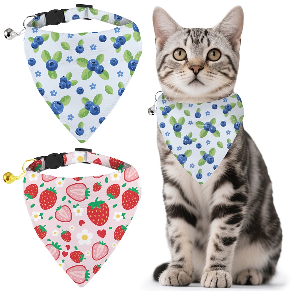 2 Pack Strawberry Blueberry Pet Bandana Collar with Removable Bandana and Bell Fruits Adjustable Dog Collar Cat Bandana Collar Scarf diy