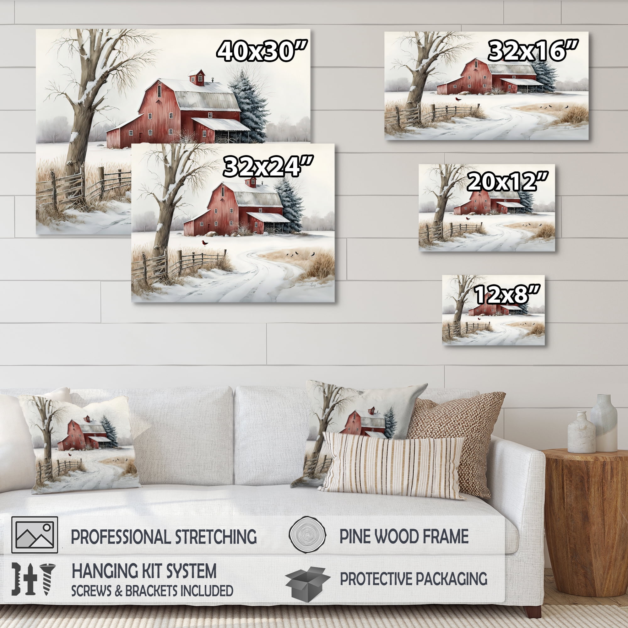 Designart Calm Red Barn In Winter III Canvas Wall Art