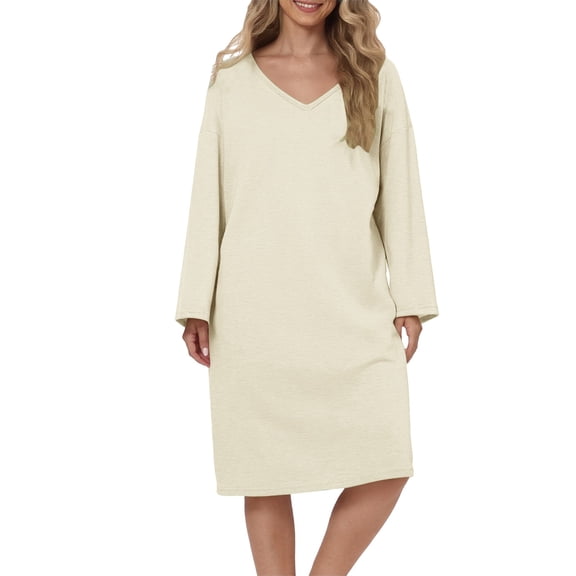 Nightgowns for Women, Hugcore Women's Comfy Soft Nightshirt Women Pajama Sleep Dress Long Sleeve Nightshirt Warm Nightgowns for Women, Beige, One Size