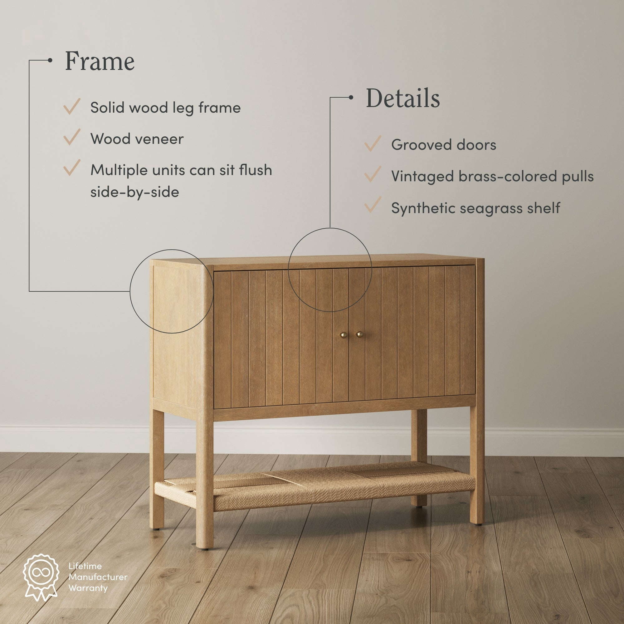 Nathan James Meads Mid Century Modern Cabinet with Doors, Solid Wood Kitchen Cabinet with Adjustable Interior Shelf and Seagrass Bottom Storage, Light Brown