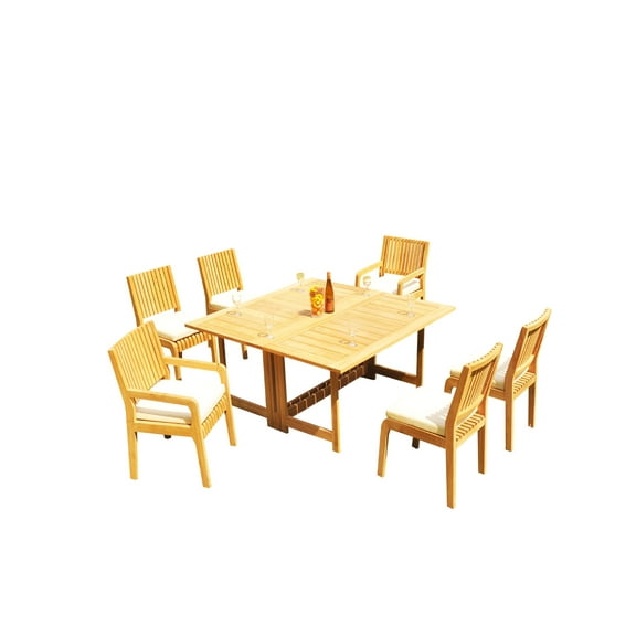 Grade-A Teak Dining Set: 6 Seater 7 Pc: 60" Square Rectangle Butterfly Table And 6 Maldives Chairs (2 Arm & 4 Armless Chairs) WholesaleTeak #51ML1407