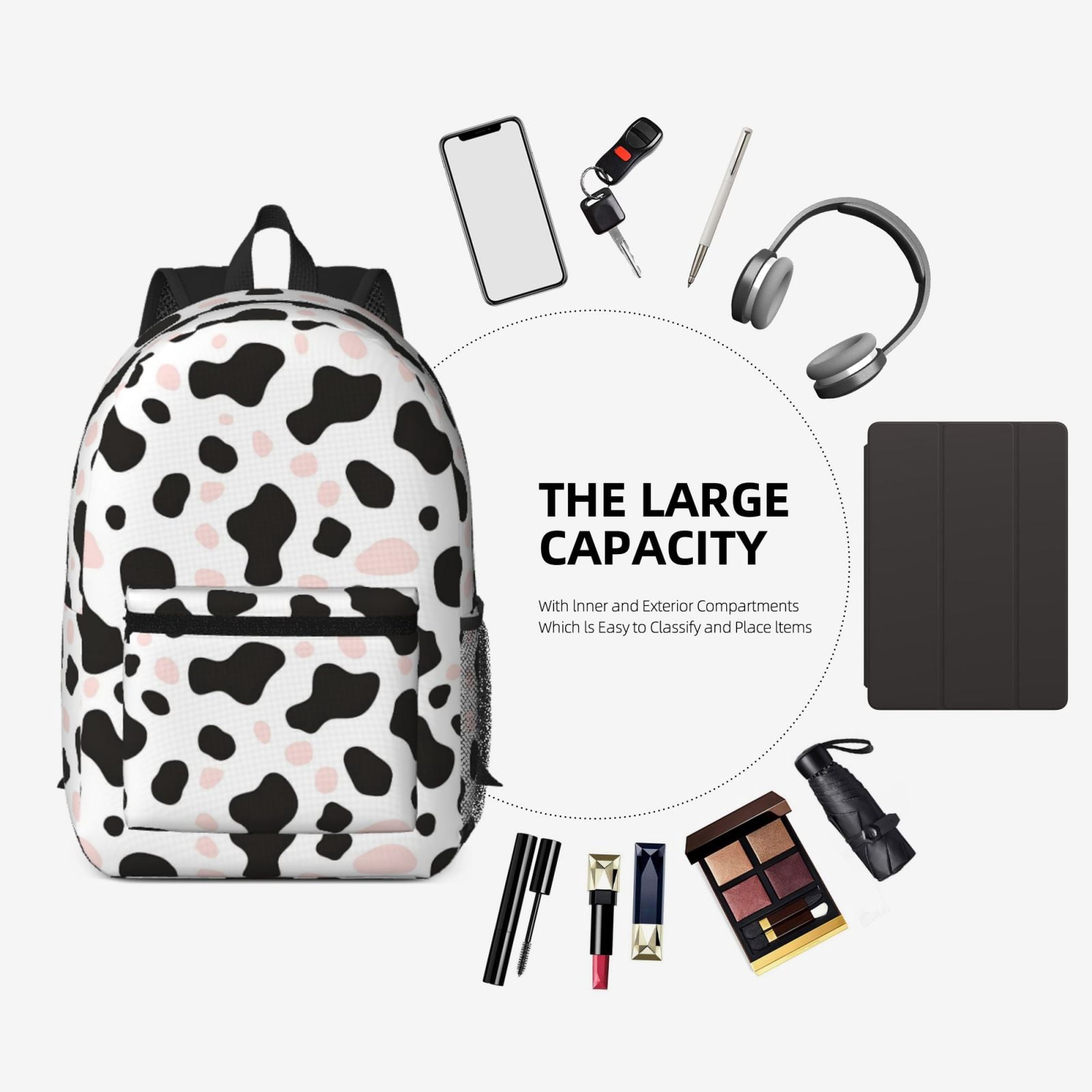 17in Backpack With Pocket Adjustable Shoulder Strap Large Capacity Zipper Opening And Closing Double Pull Head Zipper For Work Travel Sports Simple Cow-Print Pattern1_3