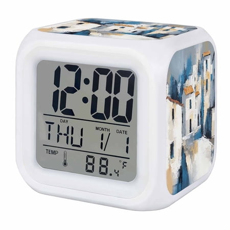 Farmhouse Village Digital Alarm Clock for Bedrooms, Smart LED Alarm Clock with 7 Color Changing Night Light, Country House Retro Oil Painting Silent Wake Up Clocks for Sleep Study Cooking 3.2x3.2