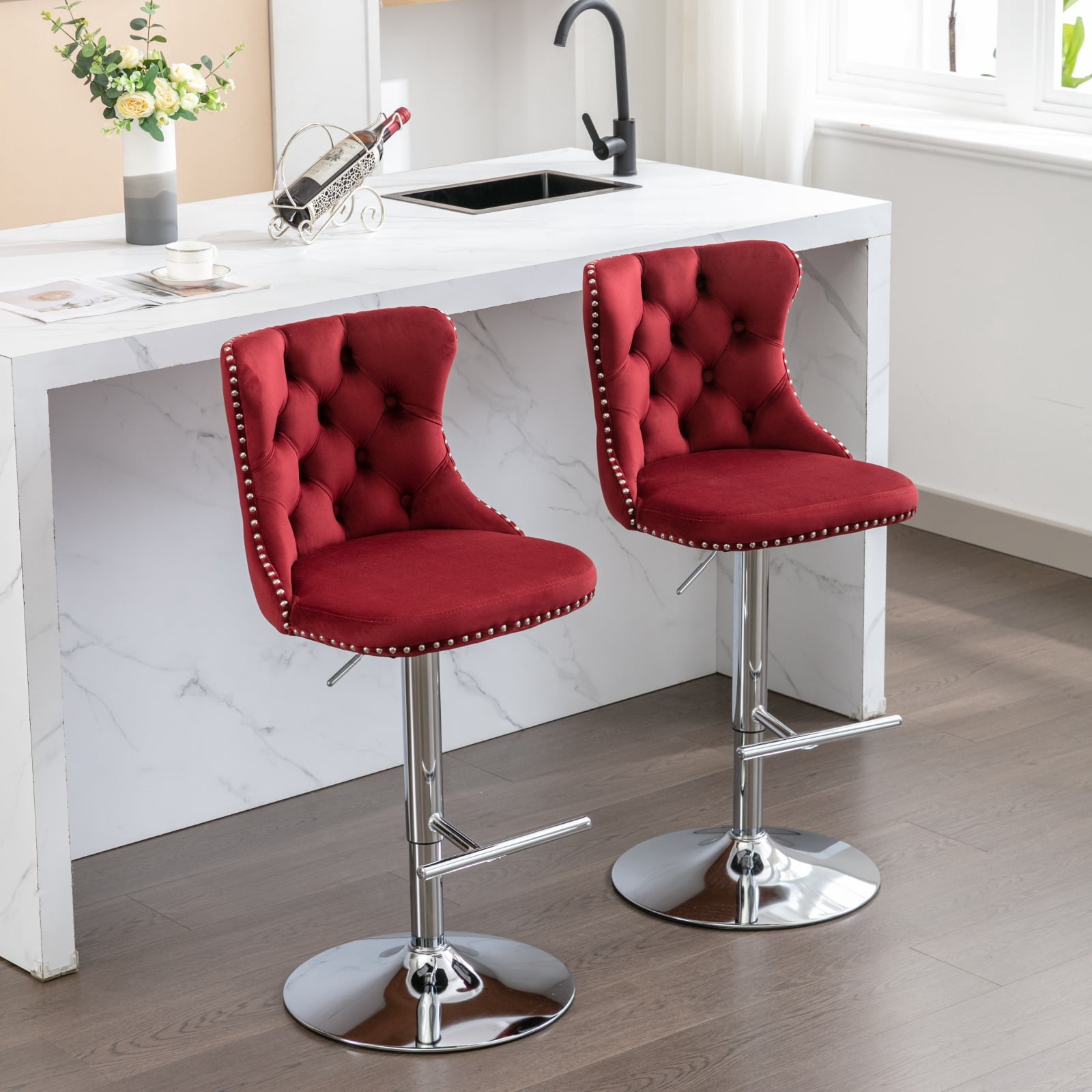 MAYEERTY Swivel Velvet Barstools - Adjustable Seat Height 25-33 Inch, Chrome Base, Tufted Backs, Wine Red/Burgundy, Set of 2