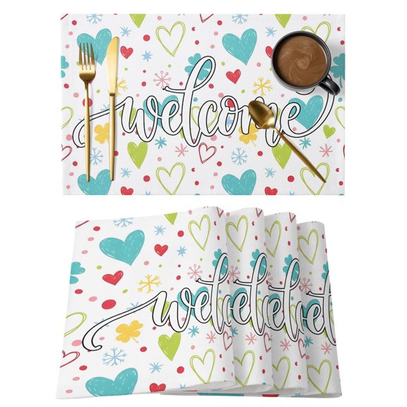 Spring Scattered Hearts Placemats Set of 12, Modern Boho Teal Yellow Pink Flower Floral Non-Slip Place Mats Washable Table Mats for Kitchen Dining Table Decorations Indoor/Outdoor