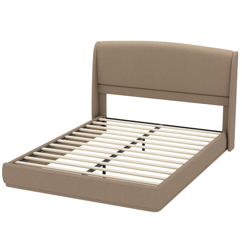 Queen Size Linen Upholstered Bed Frame with Padded High Headboard, Low-Profile Platform Bed with No Box Spring Needed
