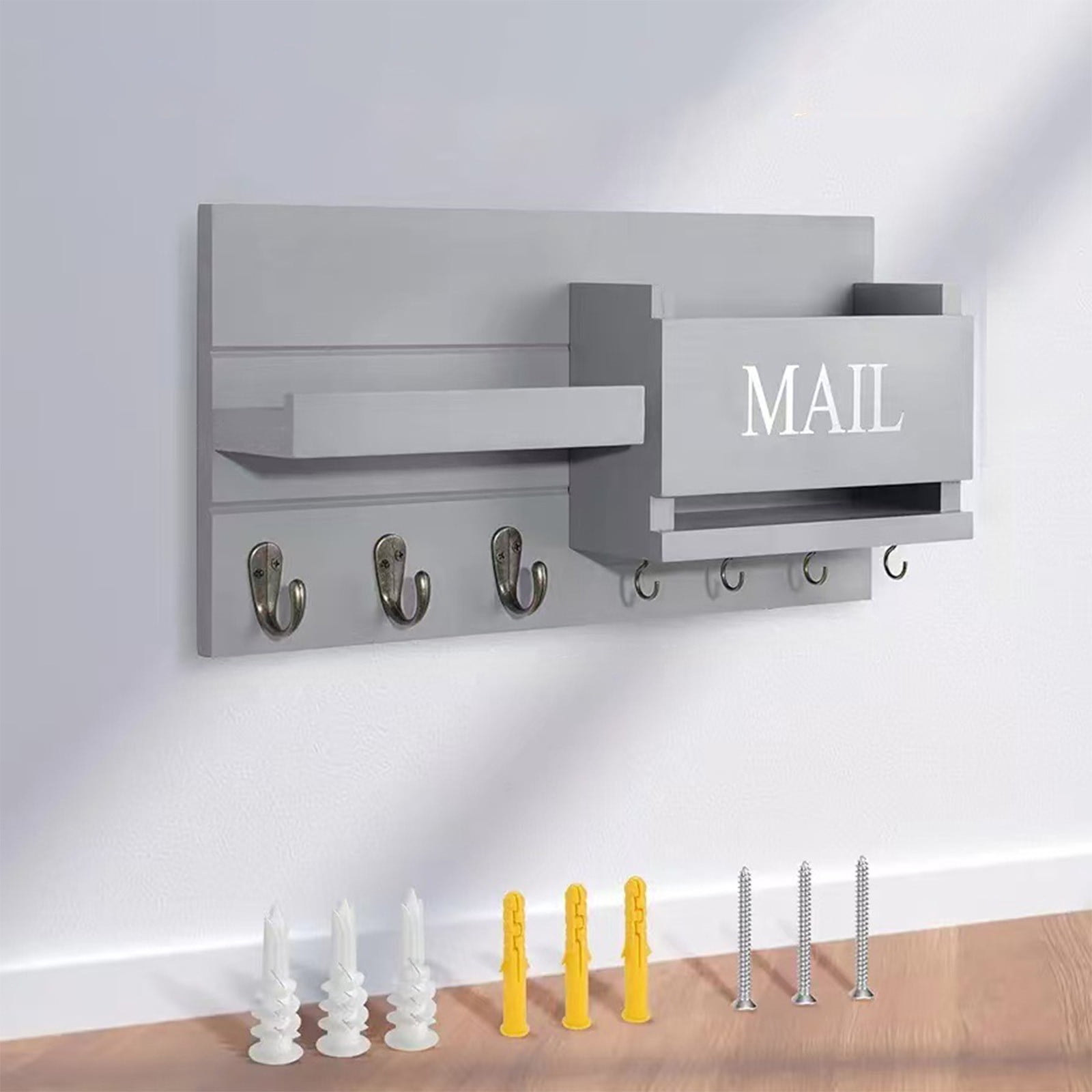 PONPRNGY Mail Organizer for Wall Mount – Key Holder with Shelf Includes Letter Holder and Hooks for Hallway Farmhouse Decor – Rustic Wood with Flush Mounting Hardware