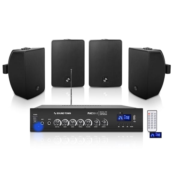 Sound Town Commercial Restaurant Bluetooth Amplifier   Surface-Mount Speaker Set, with One 2-Zone 70V/100V Amplifier with Bluetooth, 4 x 4.5-Inch Surface-Mount Speakers, Black (PAC80X4TV4B)
