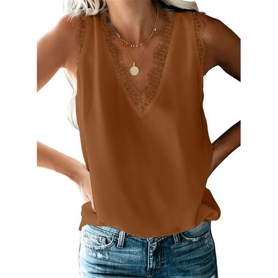 HOTAPEI Tank Tops for Women V Neck Summer Sleeveless Shirts Lace Trim Casual Tops Basic Tank Top Blouse