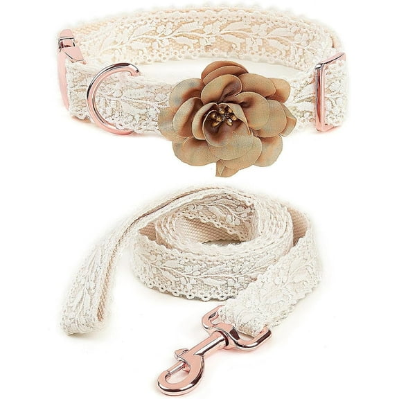 UOSIA Beige Dog Collar and Leash Set Fashion Elegant Lace Girl Dog Collar with Flowers & Rose Gold Metal Clasp,S