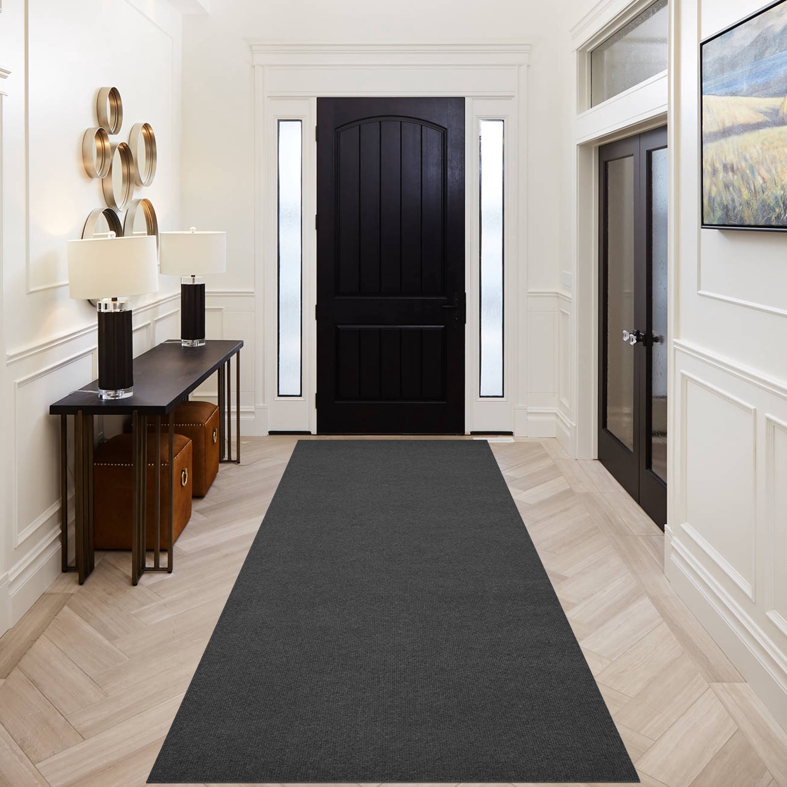 OVYEOFR 3ft x 10ft Non-Slip Runner Rug – Heavy Duty Rubber Backing, Indoor Outdoor Utility Mat for High-Traffic Areas Entryway, Kitchen, Corridor, Grey