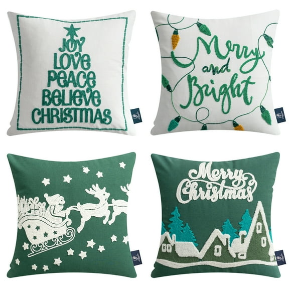 Christmas Embroidered Decorative Pillow Covers, Holiday Series Throw Pillow, Light Coffee, 18" x 18", Set of 4