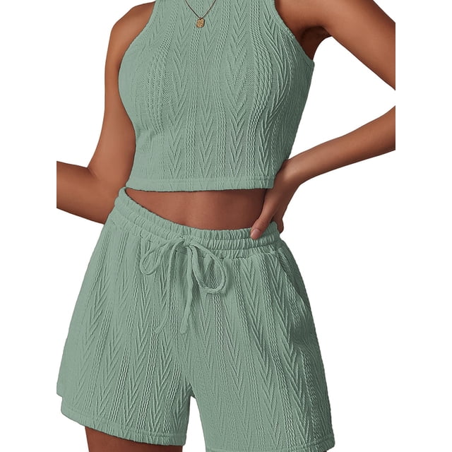 Diconna Ensemble de Shorts pour Femmes, Débardeur Sans Manches à Col Rond avec Shorts Unis Tenue d'Été pour Quotidien Fête