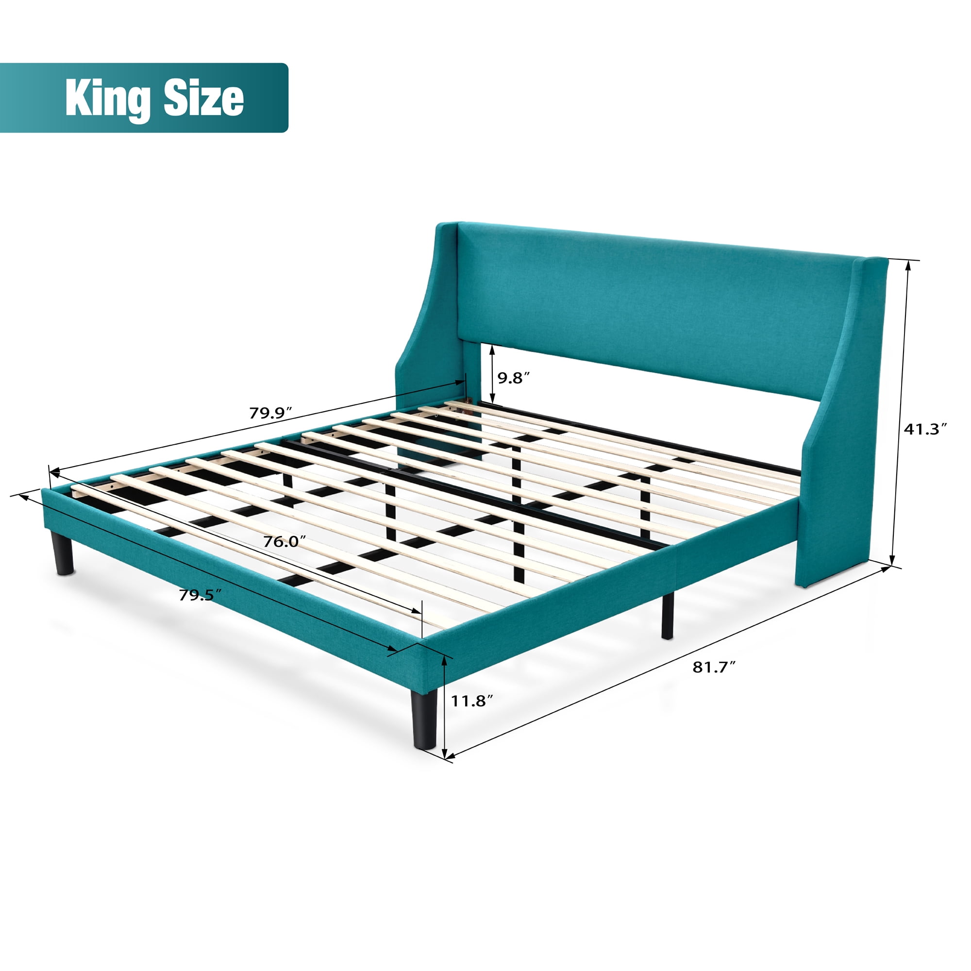 Allewie King Size Fabric Upholstered Platform Bed Frame with Wingback Headboard, Jade Green