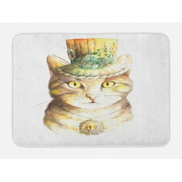 Cat Bath Mat, Spiritual Cat Figure with Hat and Occult Eye Collar Grunge Celtic Trick Theme, Non-Slip Plush Mat Bathroom Kitchen Laundry Room Decor, 29.5 X 17.5 Inches, Yellow and Grey, Ambesonne