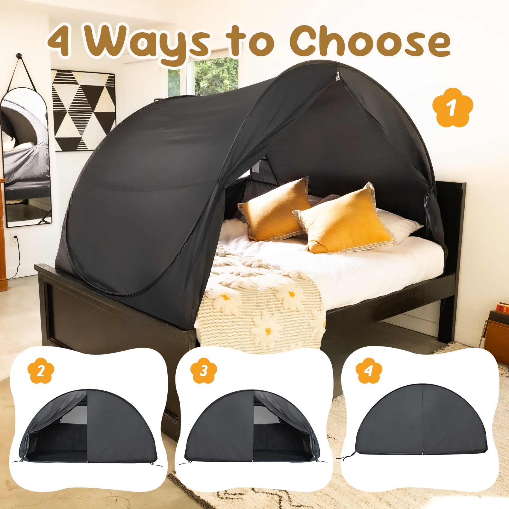 Bed Tent Full Size, Leedor Pop-Up Sleep Canopy Privacy Light-Blocking Bed Shelter with Mosquito Mesh Sleeping Tent for Kids and Adults Black