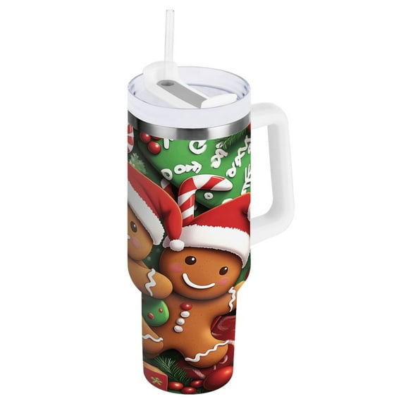 Christmas Gifts Gingerbread Men Tumbler with Handle and Straw Lid 40 oz Insulated Vacuum Water Bottle Stainless Steel Travel Cup
