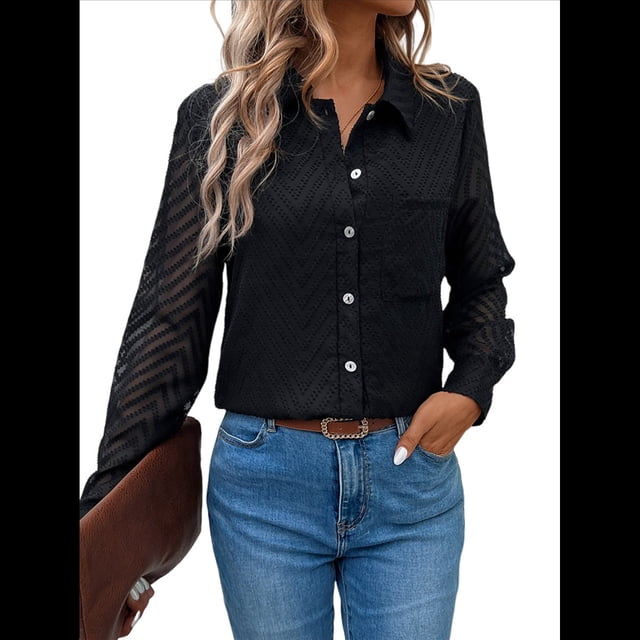 Camisas de Mujer con Botones, Larga, Cuello en V, Estilo Informal de Negocios, Blusas Lisas. Negro XL