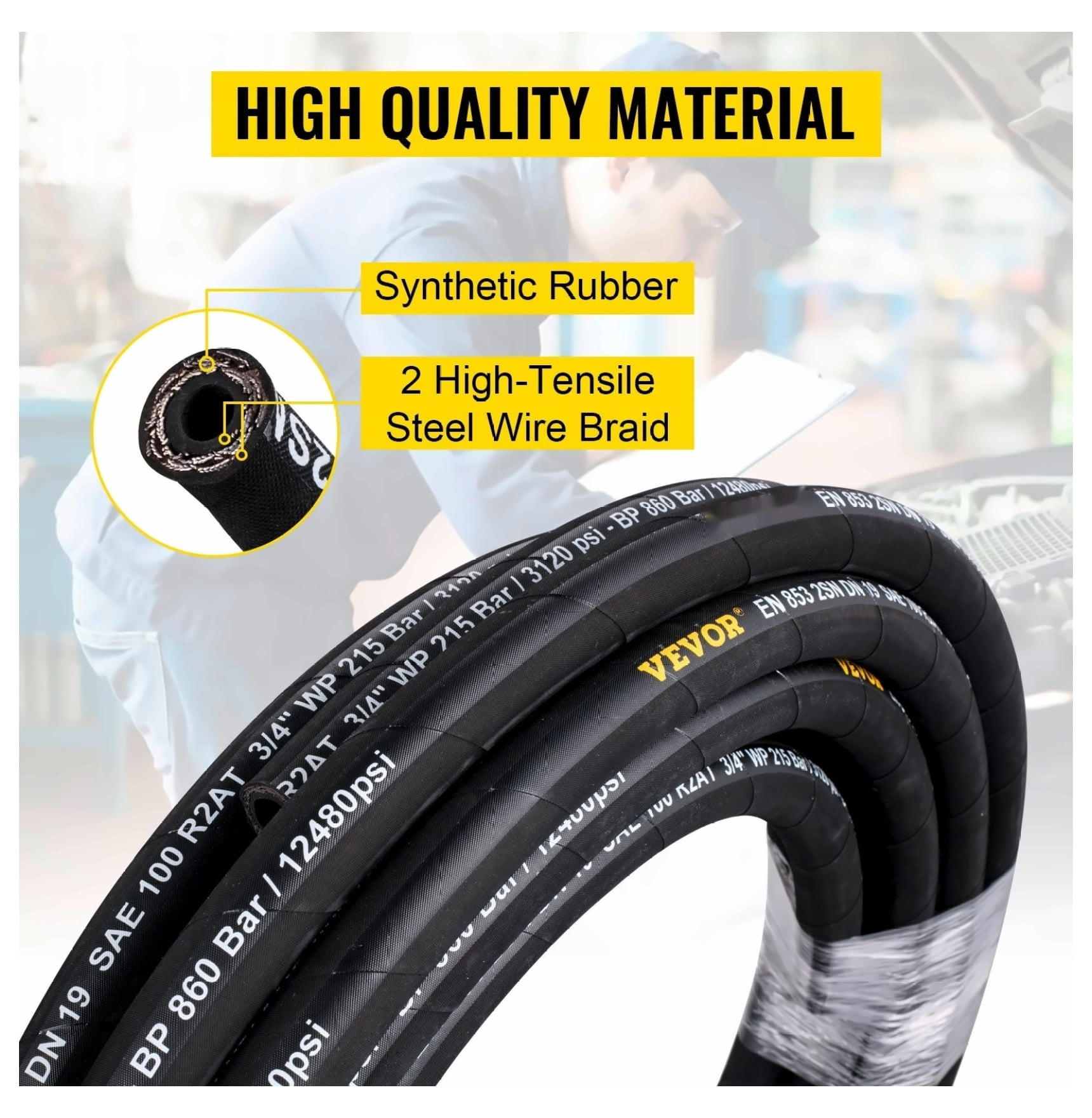 1/4 inch Hydraulic Hose 100 ft, 5800 PSI Rubber Hose with Steel Wire Braid, Flexible Hydraulic Oil Hose for Construction Agriculture Machinery