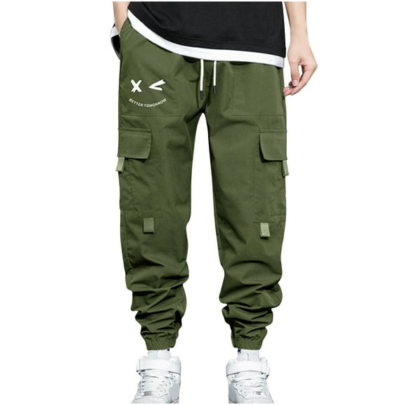 BXINGOHAI Mens Graphic Cargo Pants Hip Hop Harem Pants Casual Drawstring Multiple Pocket Work Pants High Waisted Street Long Pants