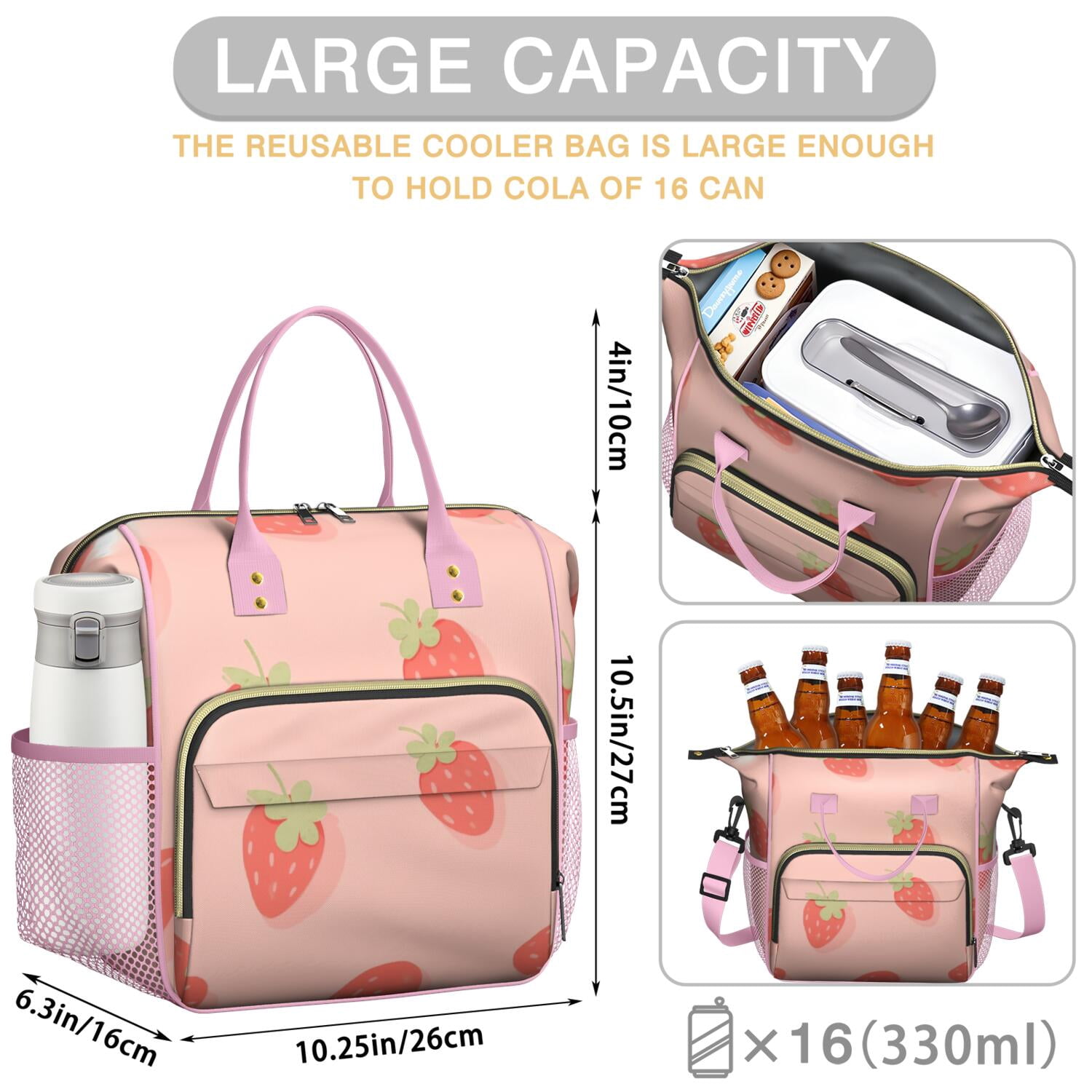 Large Cooler Bag Insulated Bags for Working Women,Leakproof Lunch Box with Multi Pockets for Adult,Insulated Lunch Box for Beach,Picnic,Work,Strawberry