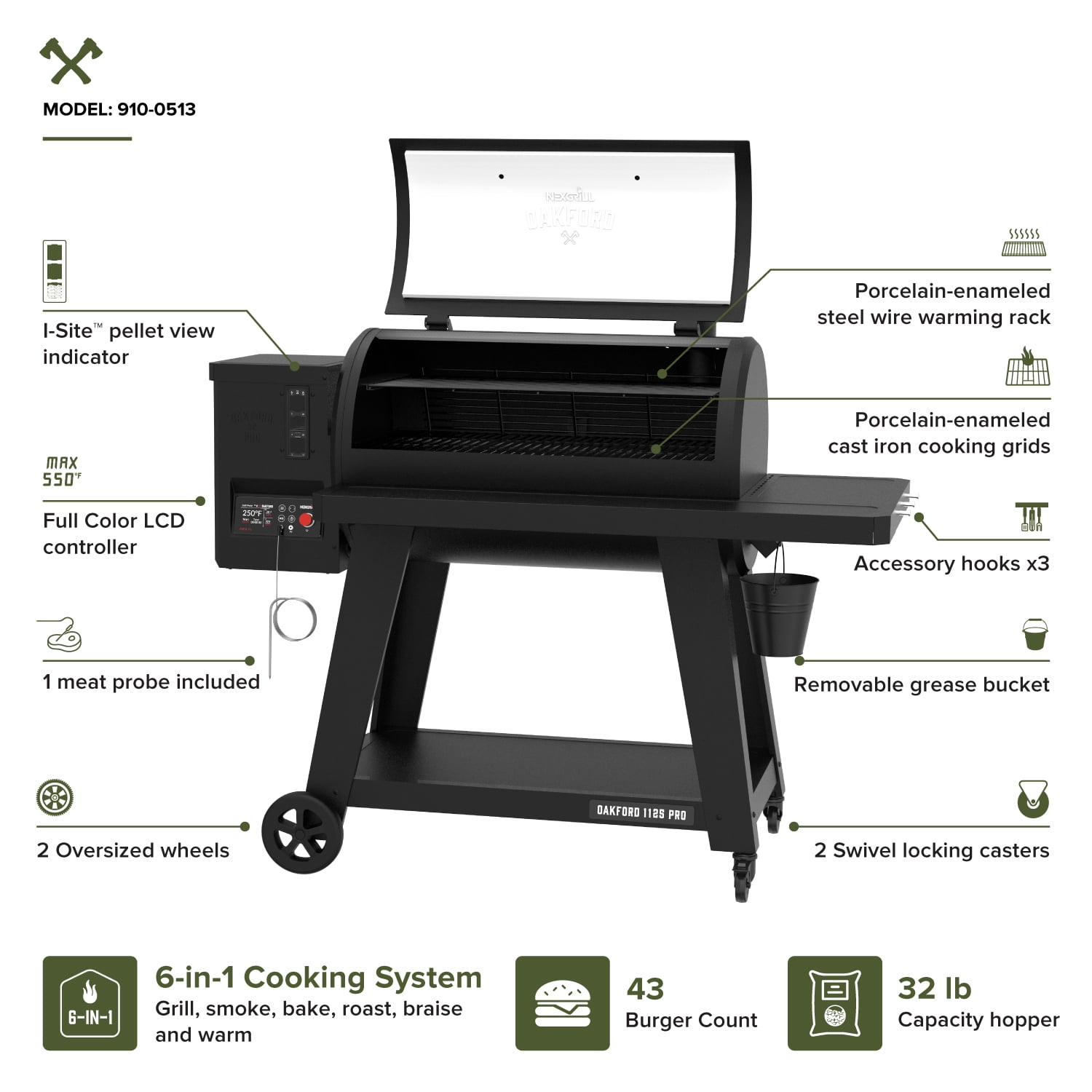 Oakford 1125 Pro Pellet Gril with 1069 SQ In Cooking Area, Cast Iron Grates, I-Site View Indicator, Heavy Duty Pellet Smoker Grill with Bluetooth Connectivity - 910-0513