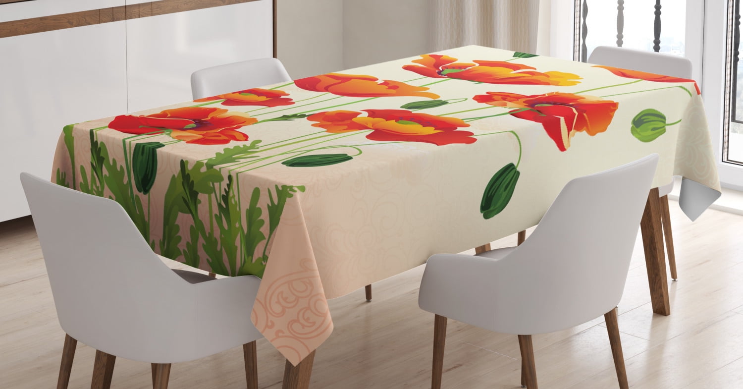 Poppy Tablecloth, Flower Bouquet with Coming of the Spring Theme Nature
