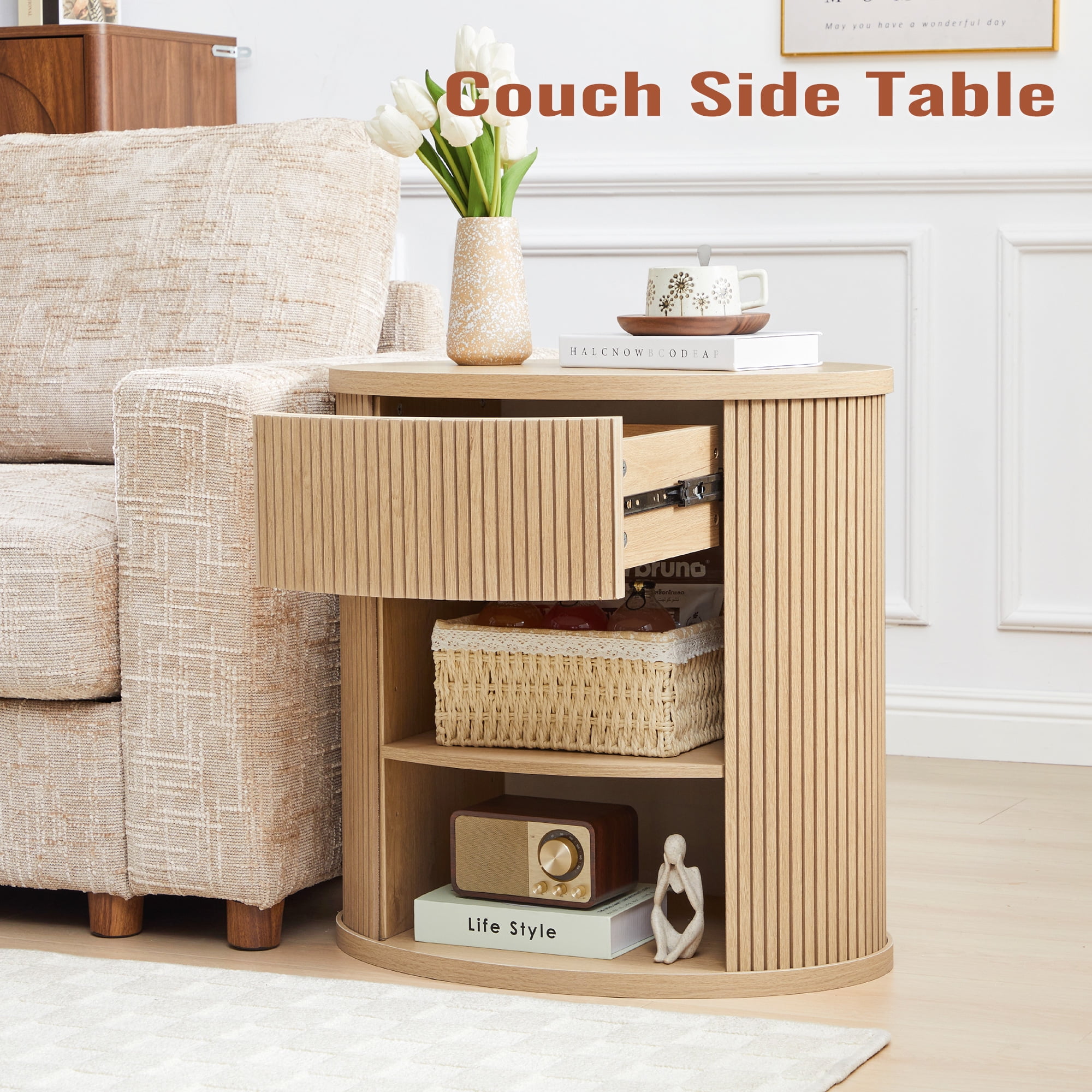 YOCWO Oval Nightstand with 1 Drawer and Adjustable Shelf for Bedroom with Carved Line Design, Round End tables for Living Room, Natural