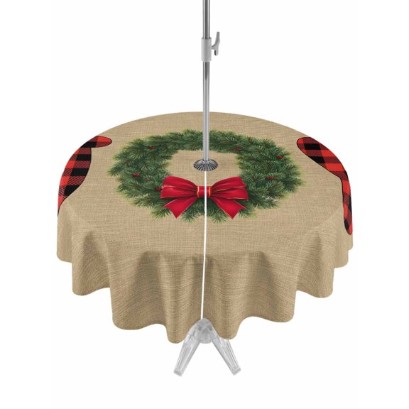 Outdoor Tablecloth with Umbrella Hole and Zipper, Red Green Christmas Round Table Cloth 54 Inch Waterproof Tablecloth, Xmas Botanical Winter Farmhouse Picnic Table Cover for Patio Camping