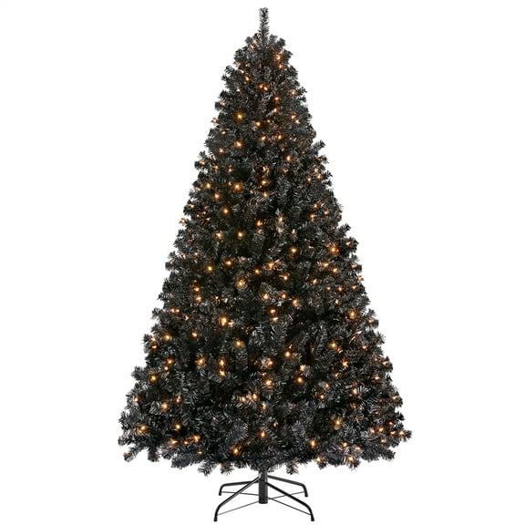Easyfashion Clear Prelit 300 Incandescent Black Prelit Spruce Foldable Artificial Christmas Tree, 7.5'