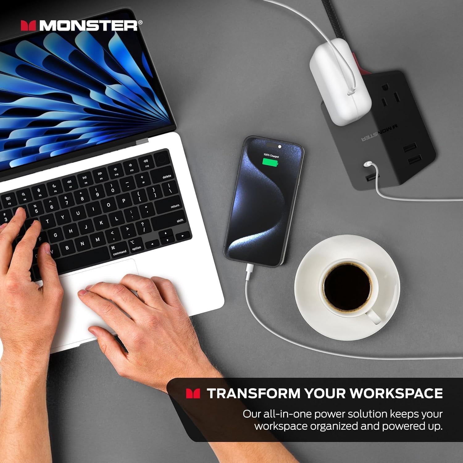 Monster Power Shield Magnetic Wall Outlet Extender, 2 AC Outlets, 3 USB-A & 1 USB-C Port (20W)