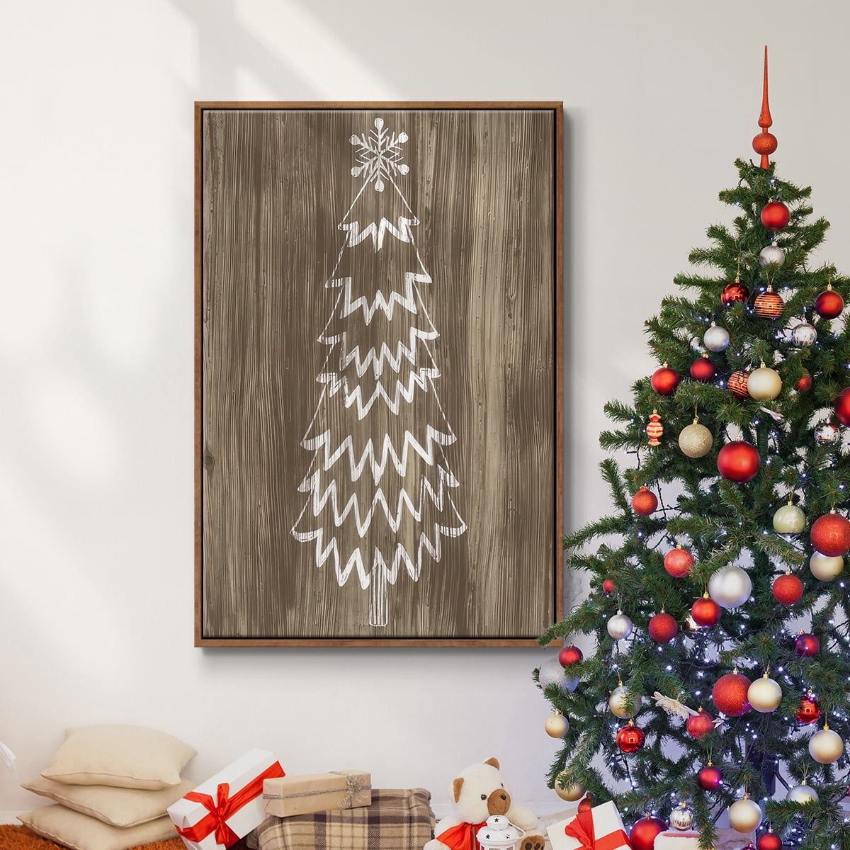 Barnwood Wonderland VIII - Framed Gallery Wrapped Holiday Canvas - 27 x 41 - Rosewood Frame