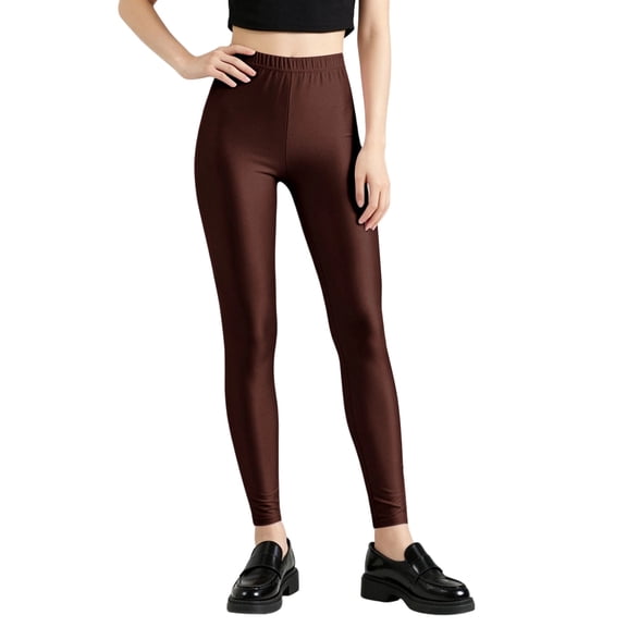 Hurxie Women's Shiny Satin Glossy High Waist Sport Fitness Training Yoga Pants Solid Tights Legging Brown,Free Size
