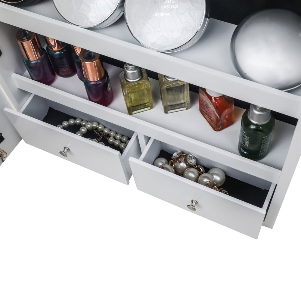 Kepooman Full Mirror Wooden Wall Mounted 3-Layer Shelf 17 Cosmetic Brush Holders With Inner Mirror 8 Blue LED Light Mirror Cabinets - White Kepooman Full Mirror Wooden Wall Mounted 3-Layer Shelf 17 Cosmetic Brush Holders With Inner Mirror 8 Blue LED Light Mirror Cabinets - White