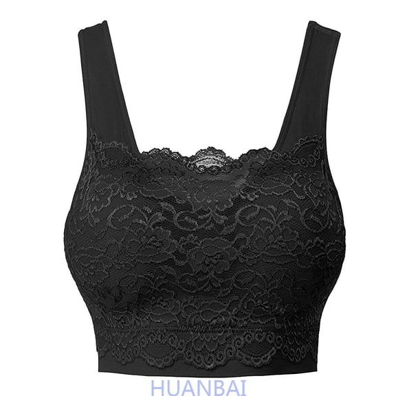 HUANBAI Women's Seamless Lace Bra Top With Front Lace Cover Sports Bra ,(Large,Black)