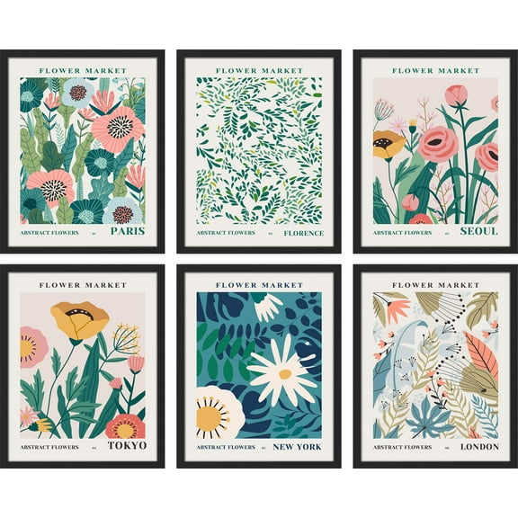 PixonSign Framed Canvas Print Wall Art Set - Multicolor Floral Botanical Flower Market Posters - Set of 6 Vintage Retro Antique Mixed Media Country Cultural Art Wall Décor - 11"x14"x6 Black