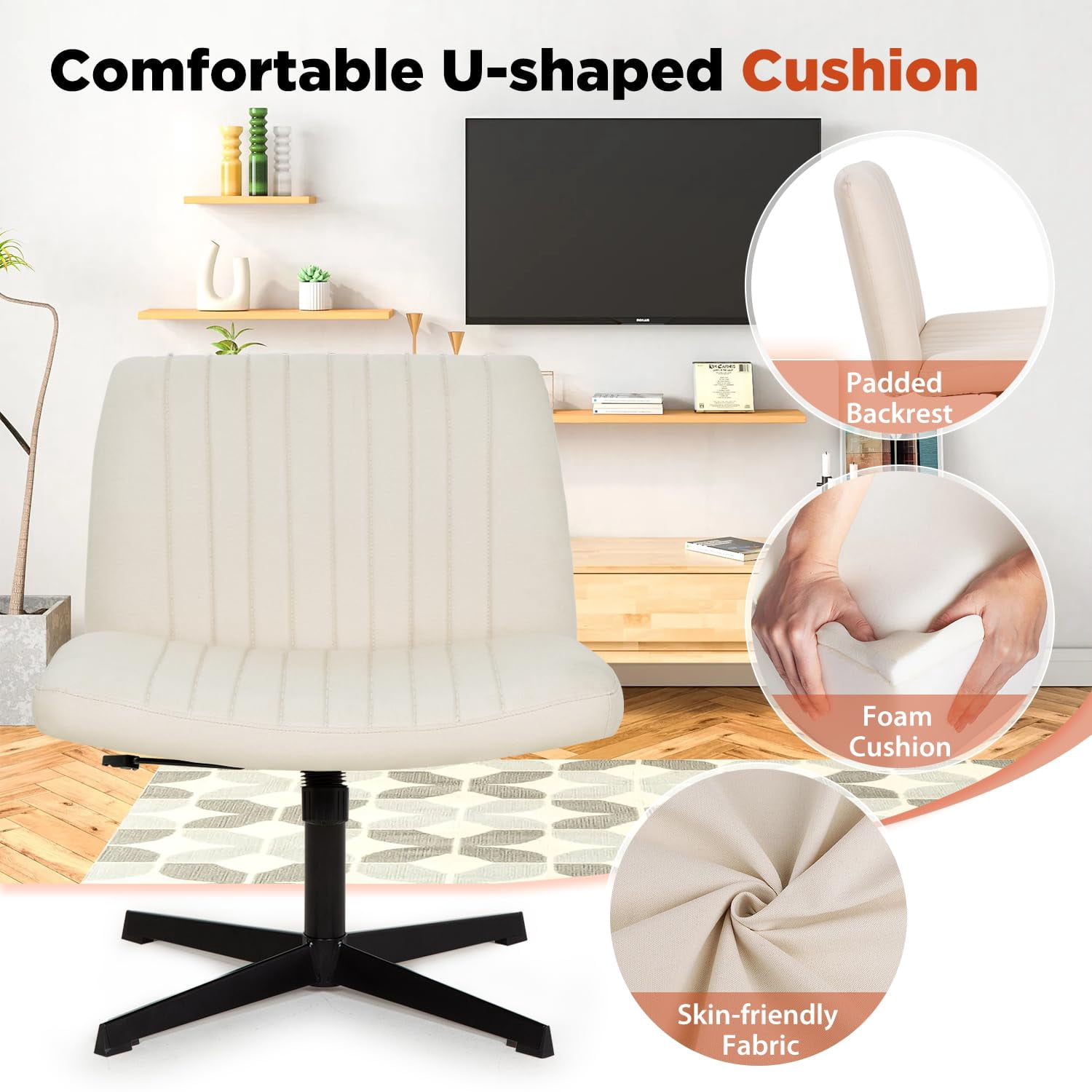 Vanity Chair Criss Cross Legged Chair Armless Office Desk Chairs Height Adjustable Computer Chair No Wheels Wide Seat Ergonomic for Bedroom Living Room, Beige