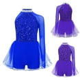 thumbnail image 2 of Mufeng Kids Girls Sequin Jazz Latin Dance Leotard Jumpsuit Single Long Sleeve Feather Tulle Tutu Blue 14, 2 of 7