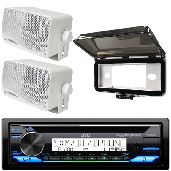 New JVC KD-T91MBS Marine Detachable Face CD Radio Sirius XM Receiver With Enrock Protective Cover Water-Resistant Radio Housing, 2 X Pyle 3.5" Inch 3-Way Weatherproof White Box Speakers
