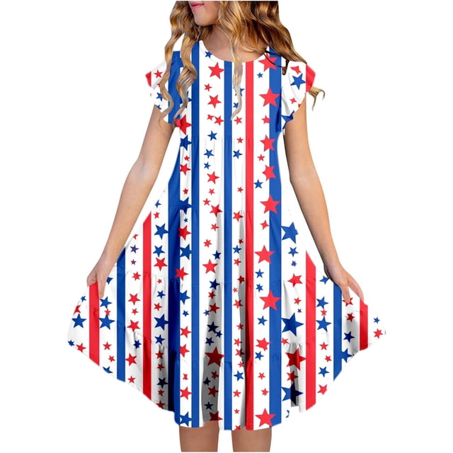 WERYOUNG Robes Filles Été Décontracté Mode Fête de l'Indépendance Imprimée Manches Volantées Robe Évasée Robe Bohème Nouveau-Né Classique Fête Robe Ligne A Robe d'Été, Blanc, 12-13 Ans