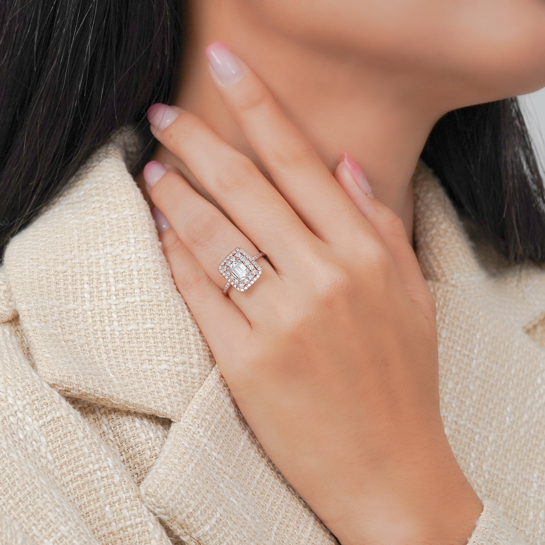 JeenMata 1.5 Carat Emerald Cut Moissanite Engagement Ring - Bridal Ring - Double Halo Ring - Cluster Ring - 18k Rose Gold Plating for Women