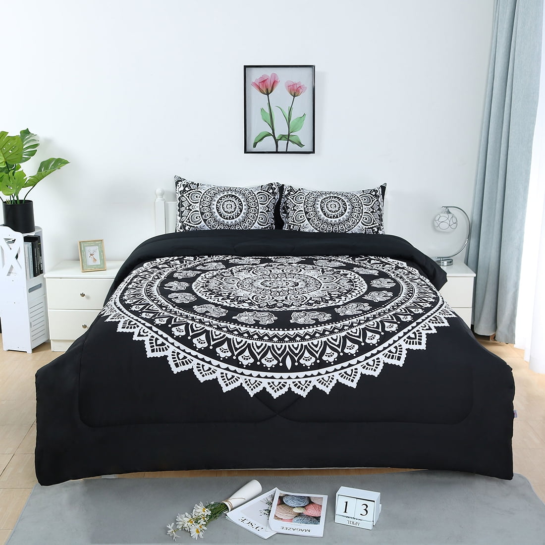 Piccocasa Bohemian Mandala Comforter Sets All-Season Quilted with 2 Pillowcases, Size: King, Black